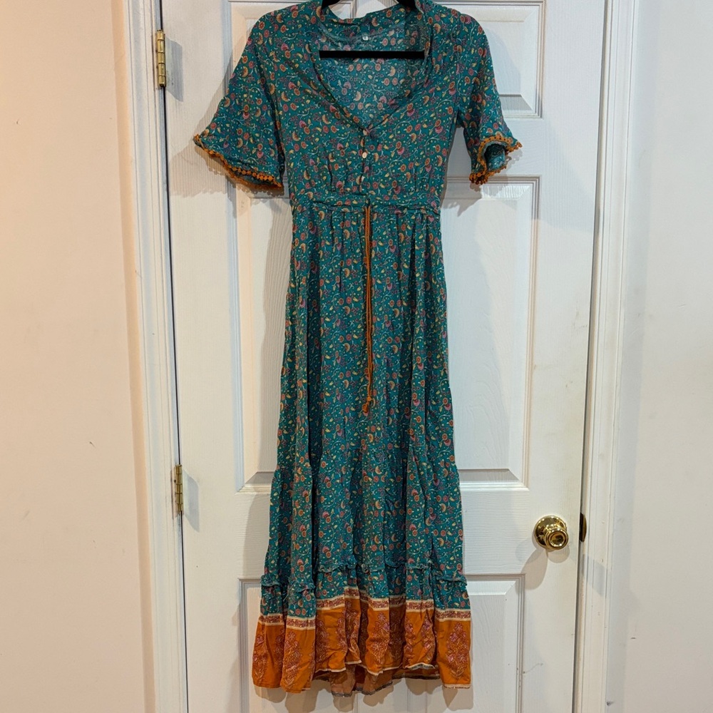 Luna Tuccini Teal and Orange Boho Floral Maxi Dress
